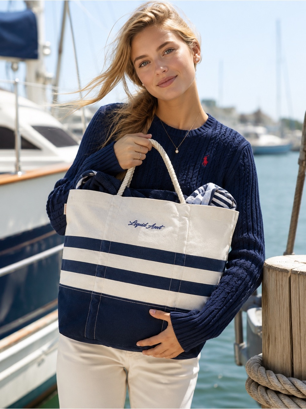 Liquid Asset Boat Tote White Navy Blue Stripe Thick Canvas Rope Handles Nautical